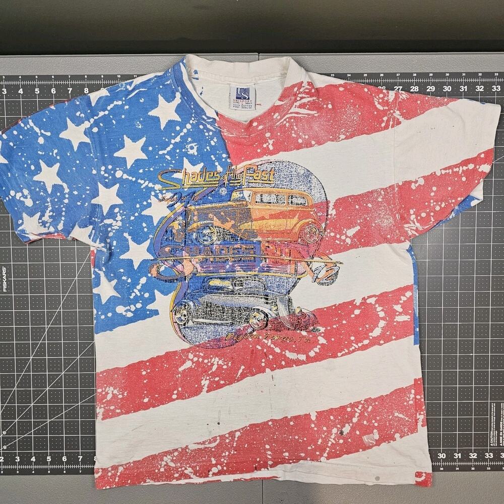 Vintage Classic Car American Flag AOP Tshirt Large 90s Singlestitch Grunge USA